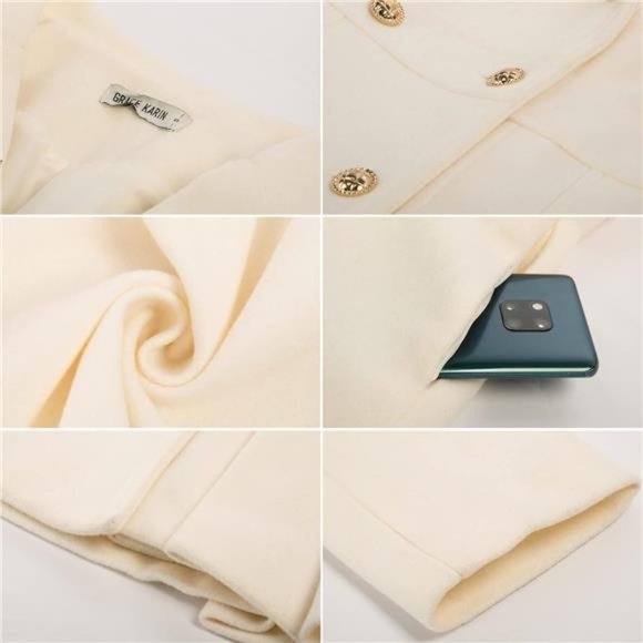 Women's Trench Coat Notch Lapel Double Breasted Thick A Line Pea Coat, White - Picture 5 of 6